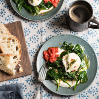Poached eggs with spinach, chilli butter, seasoned yogurt and rose harissa