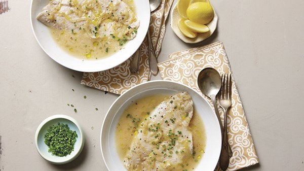 Poached fluke in lemon brodo