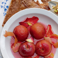 Poached fruit with pistachio praline and filo