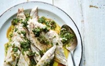 Poached grey sea mullet with coriander vinaigrette