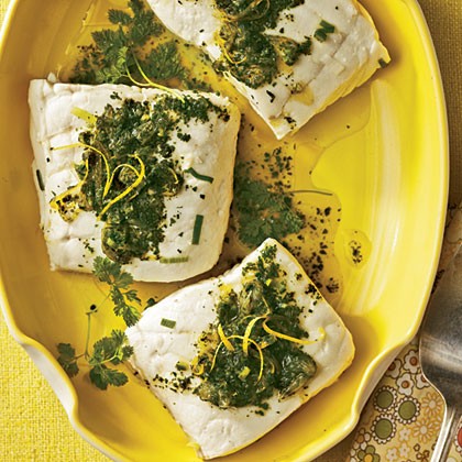 Poached halibut with lemon-herb sauce