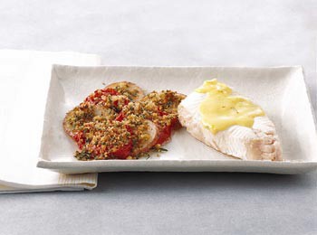 Poached halibut with saffron orange aïoli
