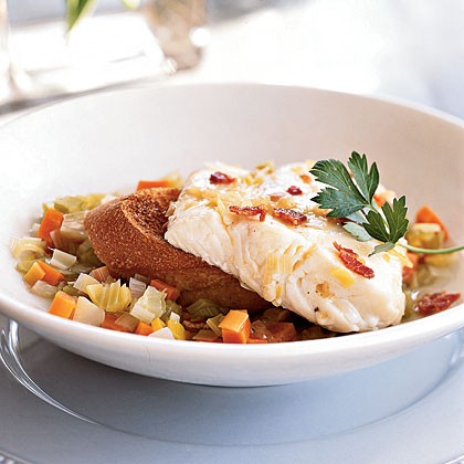 Poached halibut with warm bacon vinaigrette