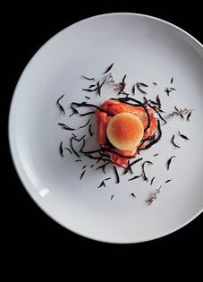 Poached king crab with green tomato and lemon verbena, hijiki and heirloom tomato mousse