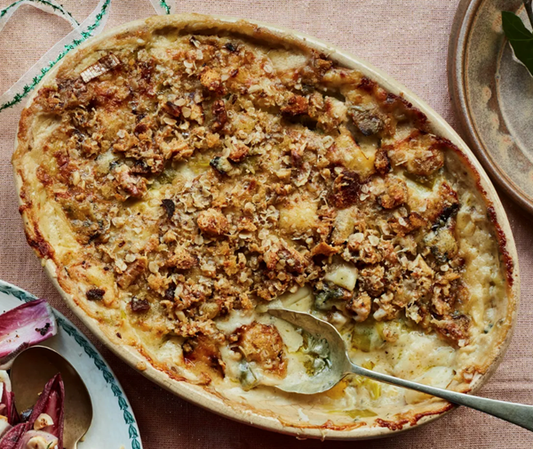 Poached leek and blue cheese gratin