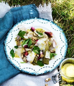 Poached leek, radish, walnut and goat's cheese salad