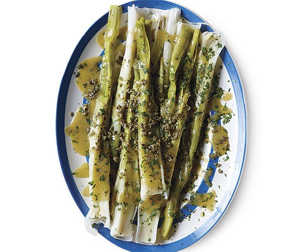 Poached leeks with capers and mustard vinaigrette