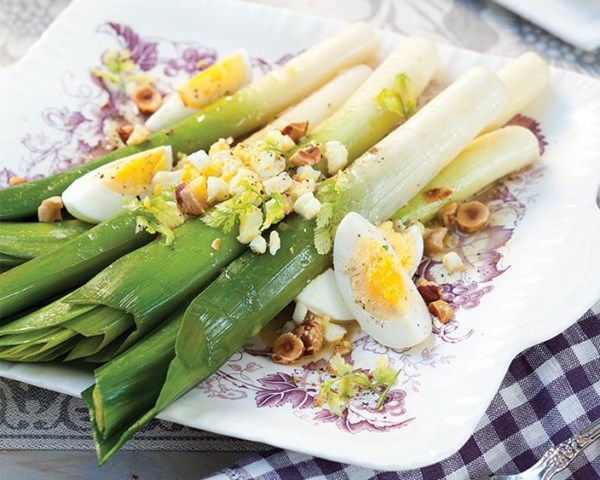 Poached leeks with eggs and shallot vinaigrette