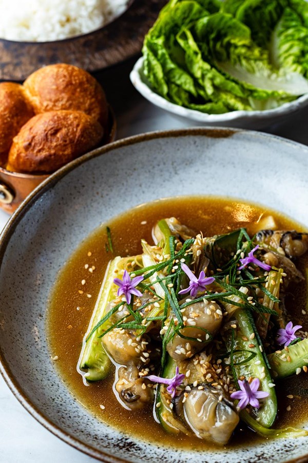 Poached Leeuwin Coast akoya with ginger and cucumber