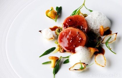 Poached loin of veal, Brussels sprout choucroute, silver skins, sea purslane, sage velouté and Jerez jus