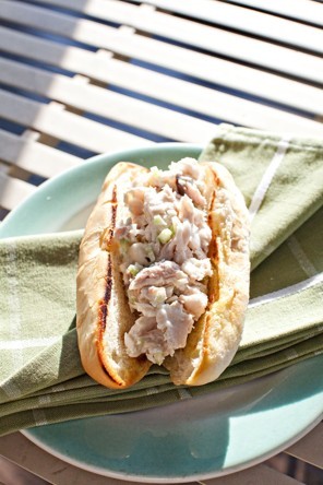 Poached mackerel roll with spiced mayonnaise