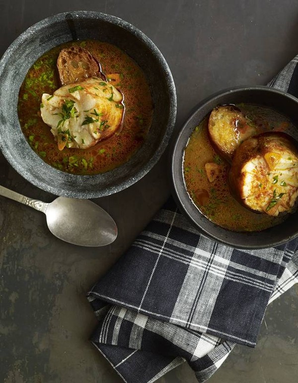 Poached monkfish with garlic soup (Rape en adobo con sopa de ajo)