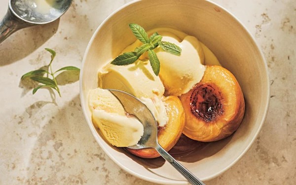Poached nectarines with lemon verbena ice cream 