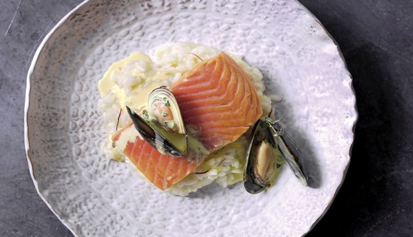Poached Norwegian fjord trout with saffron-scented mussels & lime risotto by Daniel Galmiche