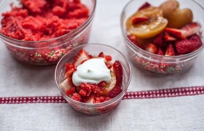 Poached peach with strawberry granita