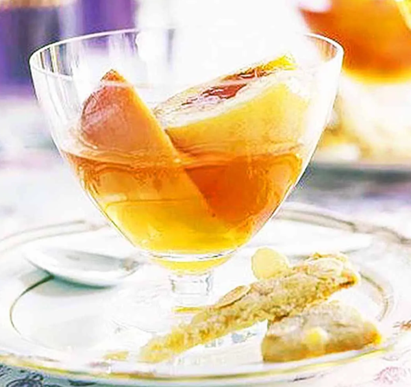 Poached peaches with lemon balm and bay syrup
