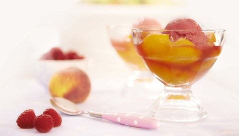Poached peaches with raspberry sherbet