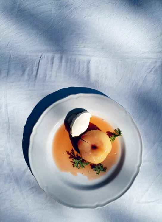 Poached peaches with rose geranium & Vermentino