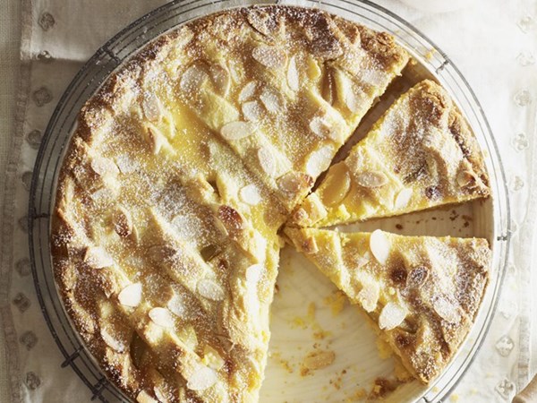 Poached pear & polenta tart
