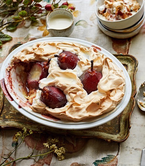 Poached pear and crème de cassis queen of puddings