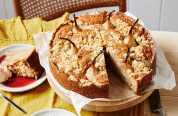 Poached pear and hazelnut crumble cake