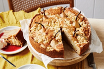 Poached pear and hazelnut crumble cake