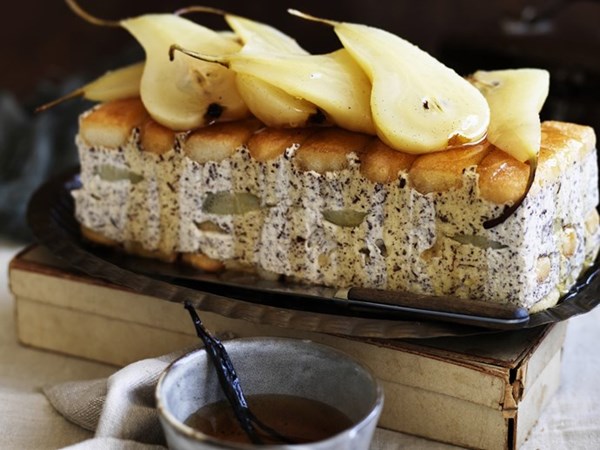 Poached pear, mascarpone & dessert wine cake
