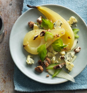 Poached pear with Stilton cheese and frosted pecans