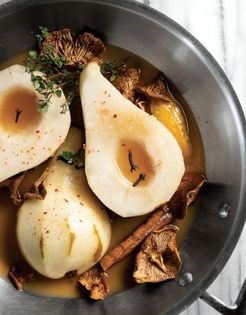 Poached pears with candy cap syrup [Eugenia Bone]