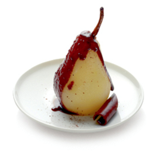 Poached pears with chili-chocolate sauce