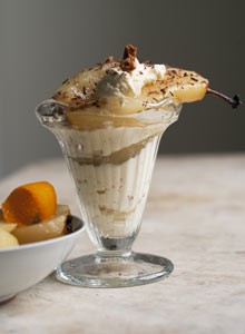 Poached pears with cream cheese and ginger sundae