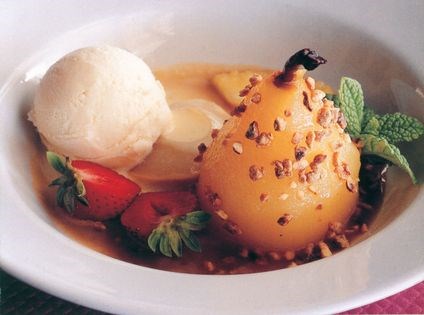 Poached pears with fleur de sel caramel sauce (Poires pochées au caramel et à la fleur de sel)