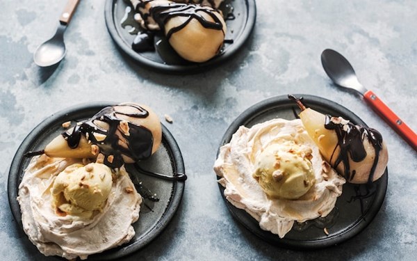 Poached pears with hazelnut meringue recipe (Poires belle Hélène)