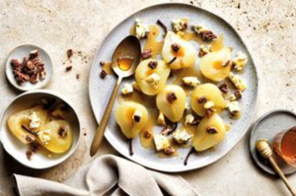 Poached pears with Milawa Blue, candied pecans and bush honey