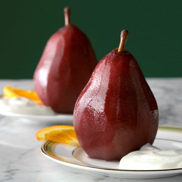 Poached pears with orange cream