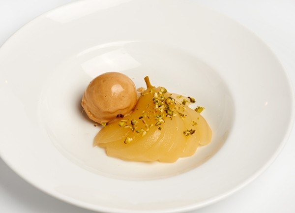 Poached pears with pain d’épice ice cream