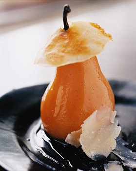 Poached pears with quince paste in Parmesan cloaks