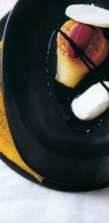 Poached pears with sablé and blackberry sorbet