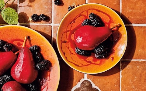 Poached pears with sloe gin and blackberries
