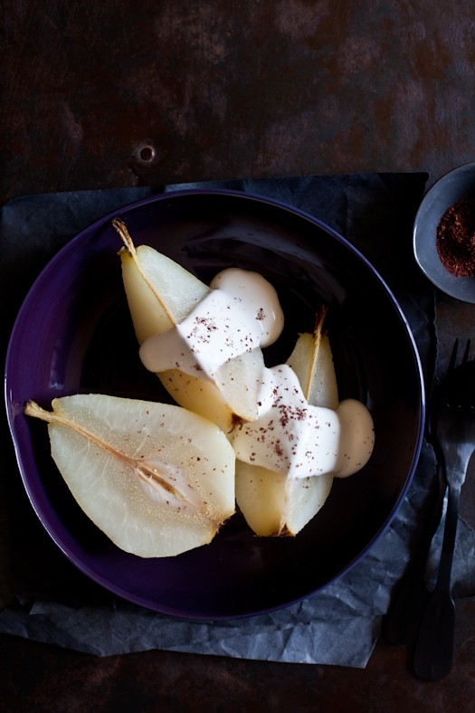 Poached pears with sumac and creme fraiche
