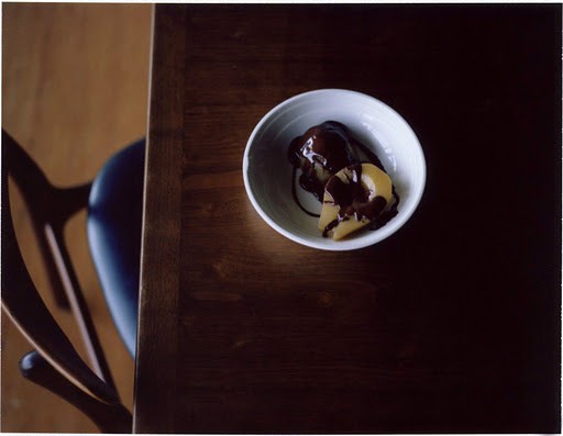 Poached pears with warm chocolate sauce     