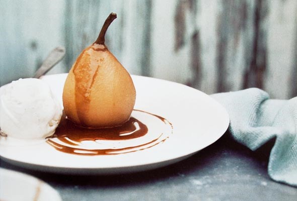 Poached pears with warm coffee sauce