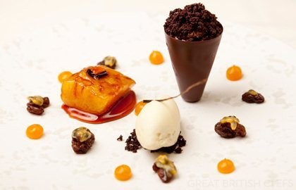 Poached pineapple, Michel Cluizel cones, cicely ice cream, rum raisin and passion fruit