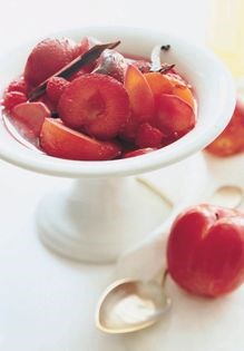 Poached plum and raspberry compote in late-harvest wine syrup