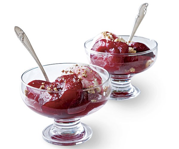 Poached plum sundaes