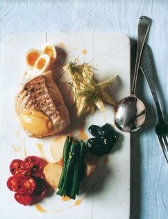 Poached pollock with Niçoise salad and aioli 