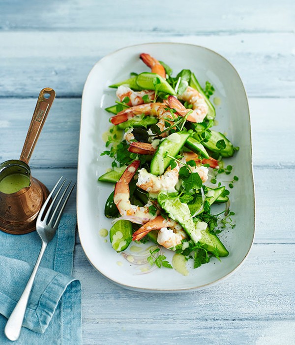 Poached prawns with cucumber, chervil and lamb's lettuce salad