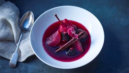 Poached quince and winter fruit in spiced wine