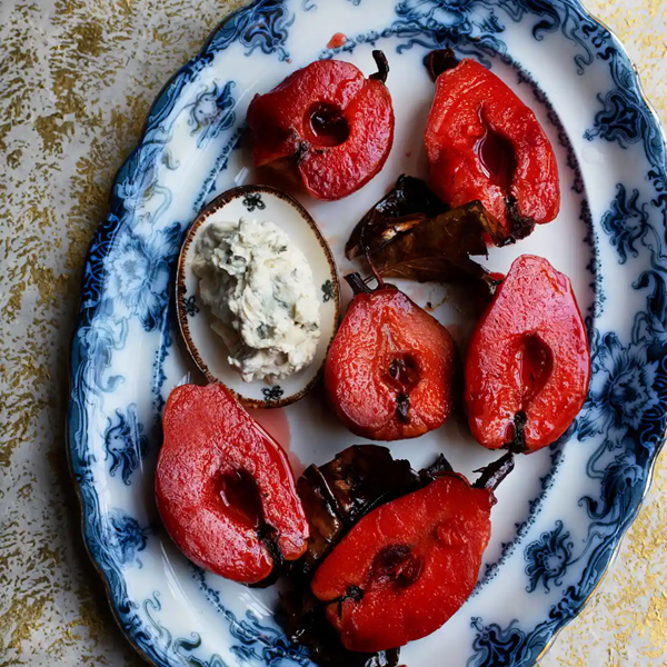 Poached quince with whipped blue cheese