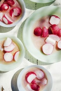 Poached radishes with white wine, chicken stock, and butter